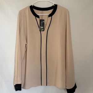 Beige Blouse with Black Trim Long Sleeve Workwear Top NWT